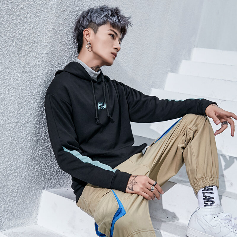 National Fashion Sweater Men's 2018 Autumn and Winter Ins Hong Kong Style Original Fashion Brand BF Style Loose Casual Contrast Color Hooded Jacket