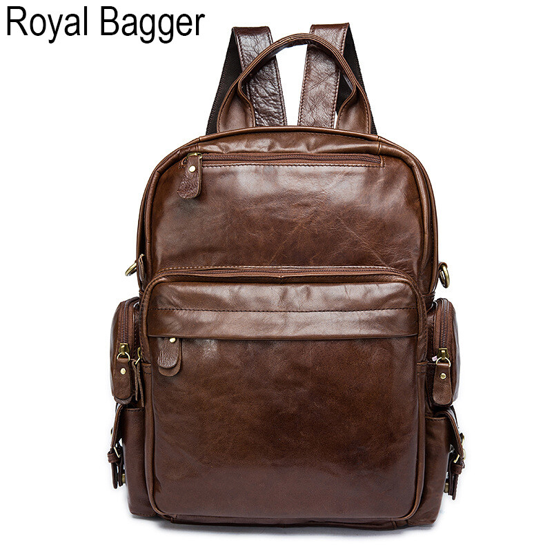Royal Bagger Genuine Cow Leather Waterproof High Capacity Travel Computer Backpack For Boys Men Outdoor Work Handbag Simple Men&#39;s Student Backpacks Hot Sale School Shoulder Bags