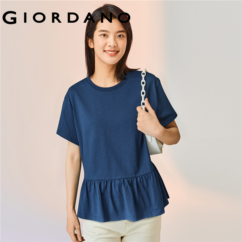 GIORDANO Women T-Shirts Drop Shoulder Ruffle Hem 100% Cotton Casual T-Shirts Loose Summer Simple Short Sleeve Basic Tee 13322212