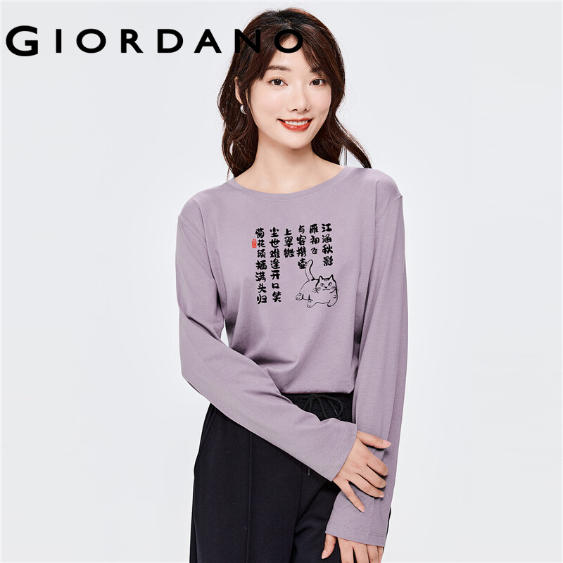 GIORDANO Women Tang Poem Series T-Shirts Simple Print Crewneck Relaxed T-Shirts 100% Cotton Long Sleeve Casual T-Shirts 99392156