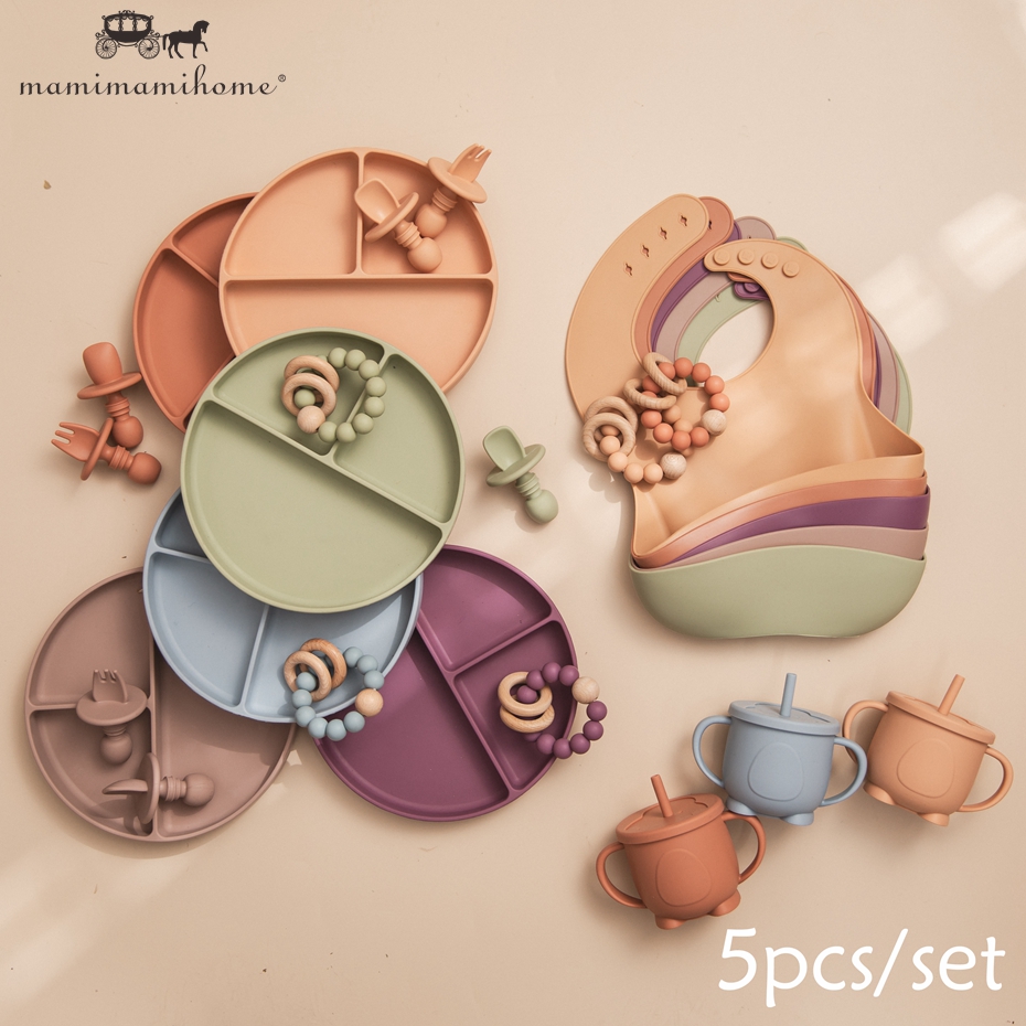 Mamimami Home Baby Feeding Meal Set 5pcs 100% Silicone Anti-fall Suction Plate,Spoon & Fork,Sippy Cup,Soft Bib