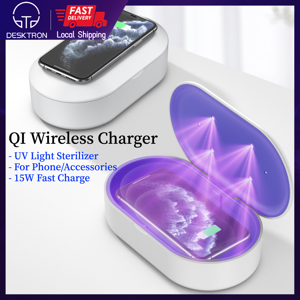 DESKSTRON UV Phone Sanitiser Phone Sterilizer with Fast QI Wireless Charger, Multi-Function UV Light Cell Phone Sterilizer, Fast Charging UV Cleaner Box for All Smart Phone, Jewelry, Watches, Glasses,